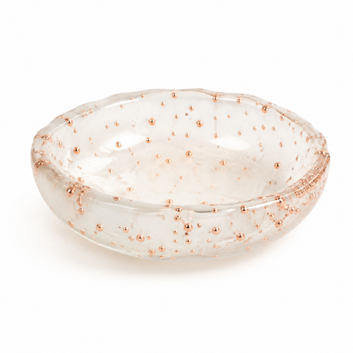 Bol decorativ din rășină alb-lăptoasă cu mărgele rose-gold și margine neregulată