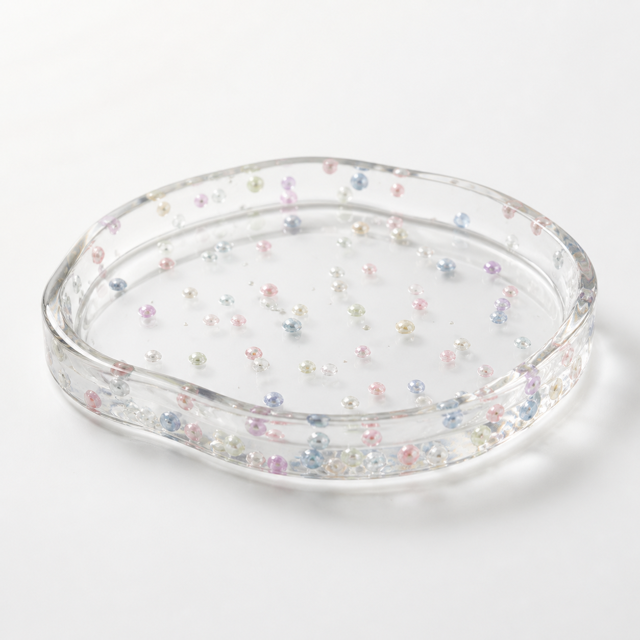 Bol plat oval din rășină transparentă cu mărgele pastel multicolore
