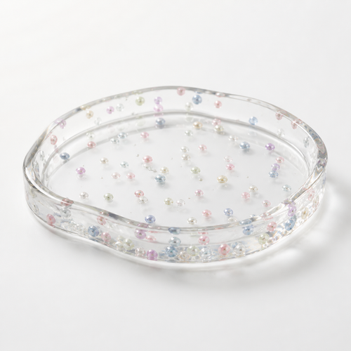 Bol plat oval din rășină transparentă cu mărgele pastel multicolore